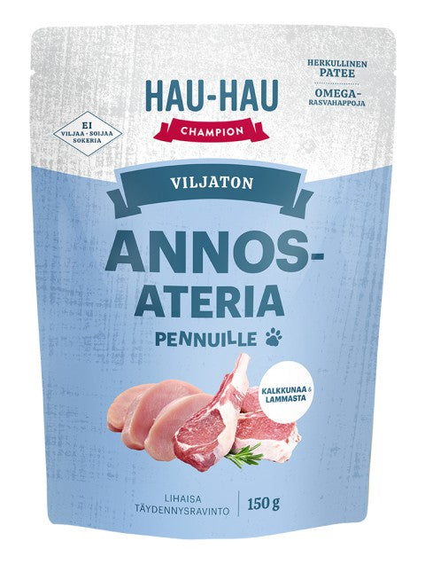 Hau-Hau Champion Viljaton ateria Pennuille Kalkkuna-lammas 150g PÄIVÄYSTARJOUS