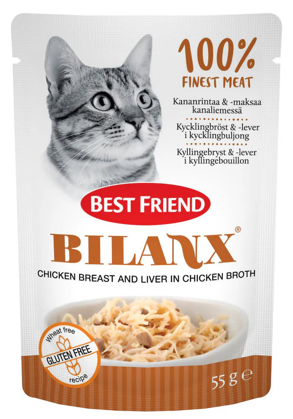 Best Friend Bilanx kananrintaa & maksaa kanaliemessä kissalle 24 x 55 g