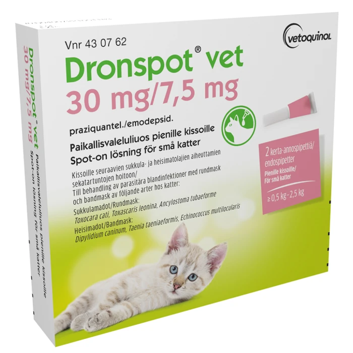 Dronspot vet 30 mg / 7.5 mg 2 x 0.35 ml paikallisvaleluliuos 0,5-2,5 kg kissoille