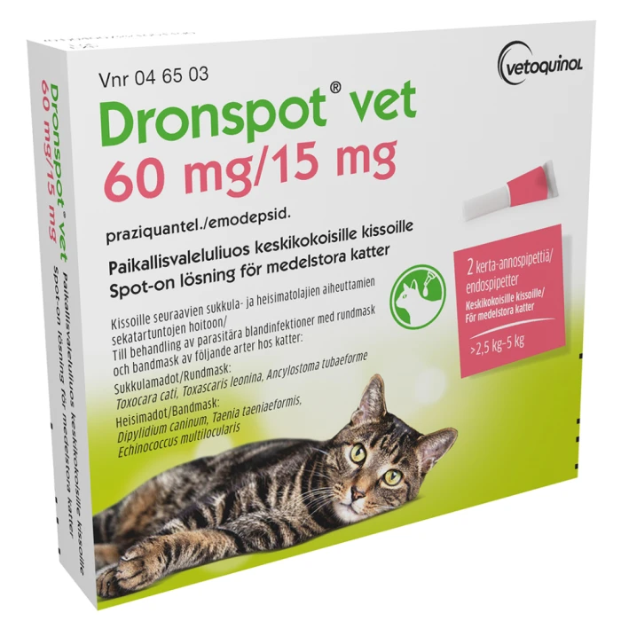 Dronspot vet 60 mg / 15 mg 2 x 0.70 ml paikallisvaleluliuos 2,5-5 kg kissoille