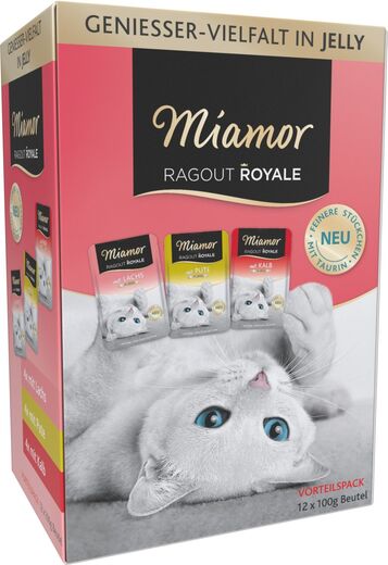 Miamor Ragout Royale Jelly Lajitelma Kalkkuna, Lohi ja Vasikka kissalle 12 x 100 g