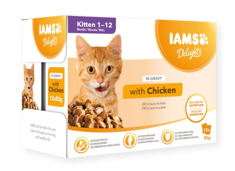 Iams Feline Delights Kitten Chicken in Gravy 12 x 85 g RIKKOONTUNUT