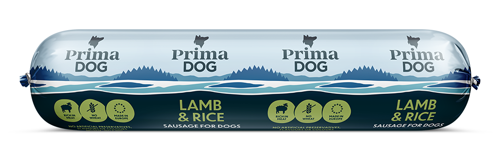 PrimaDog Lammas-riisi makkara koirille 12 x 800 g