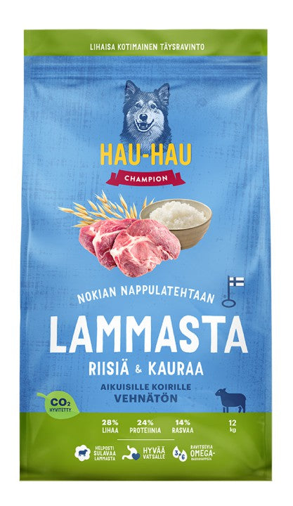 Hau-Hau Champion Lammasta, riisiä & kauraa aikuisille koirille 12 kg