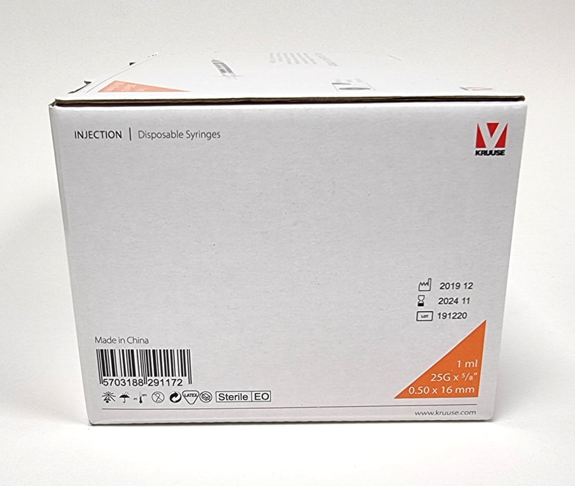 Steriili lääkeruisku oranssilla neulalla luer lock kärjellä Kruuse 1 ml 100 kpl