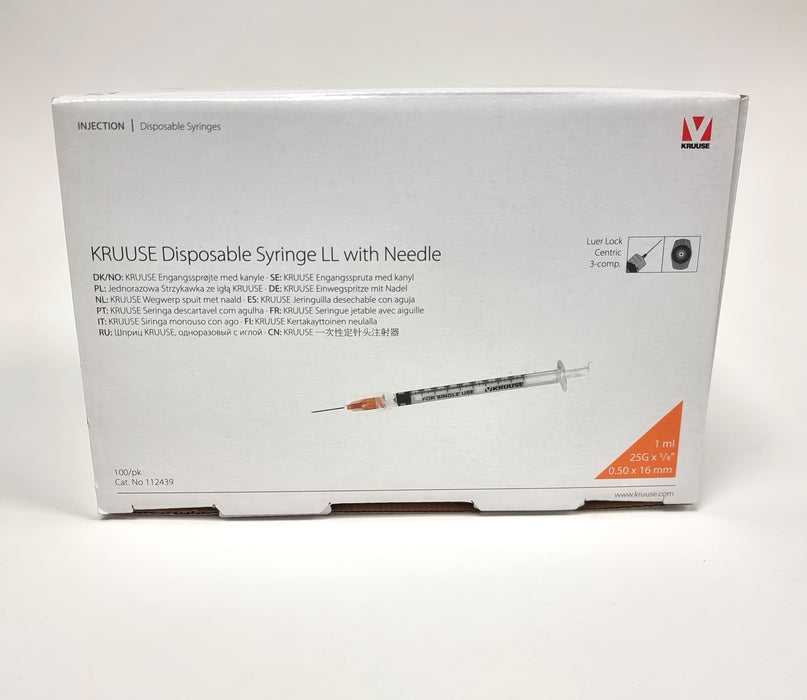 Steriili lääkeruisku oranssilla neulalla luer lock kärjellä Kruuse 1 ml 100 kpl