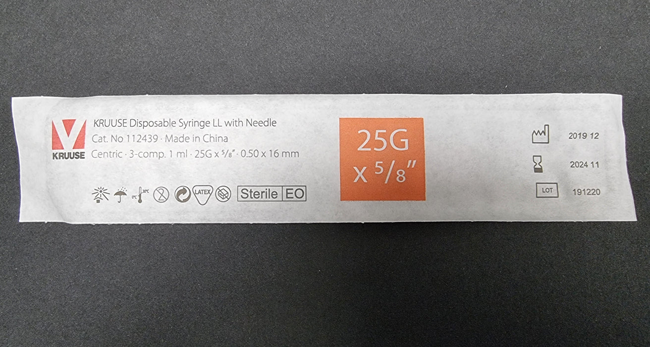 Steriili lääkeruisku oranssilla neulalla luer lock kärjellä Kruuse 1 ml 100 kpl