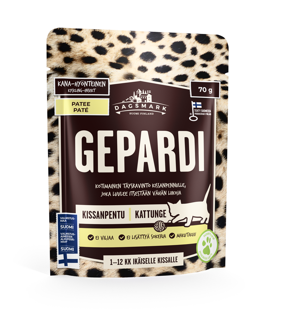 Dagsmark Gepardi kana-hyönteinen patee kissanpennulle 20 x 70 g SÄÄSTÖPAKKAUS