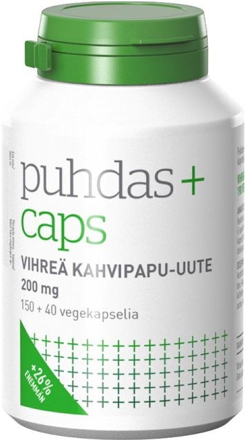 Puhdas+ Caps Vihreä kahvipapu-uute 200 mg 150 + 40 vegekapselia SÄÄSTÖPAKKAUS
