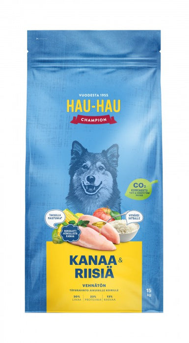 Hau-Hau Champion Kanaa ja riisiä aikuisille koirille 15 kg