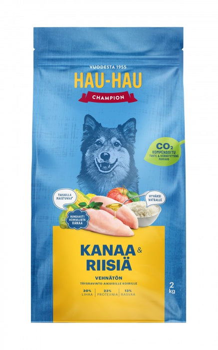 Hau-Hau Champion Kanaa ja riisiä aikuisille koirille 2 kg