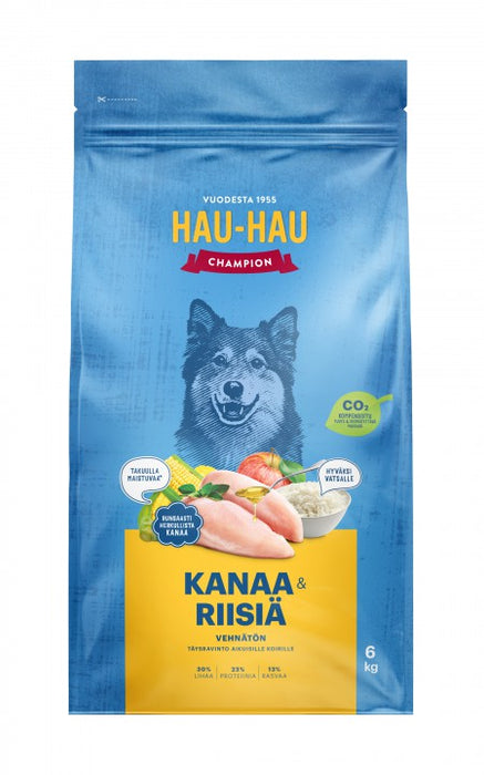 Hau-Hau Champion Kanaa ja riisiä aikuisille koirille 6 kg