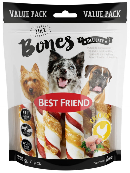 Best Friend Bones 3in1 pururulla nauta- ja porsasrulla kanafileellä S/M 12 cm 7 kpl 225 g